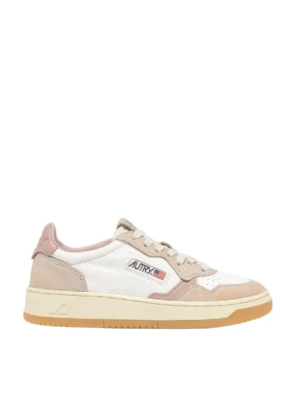 Autry Medalist Low Sneakers In White Canvas And Pink Leather