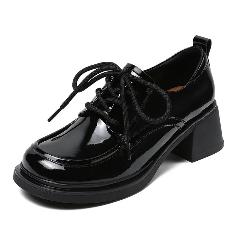 Women Minimalist Soft Glossy Leather Chunky Heel Shoes