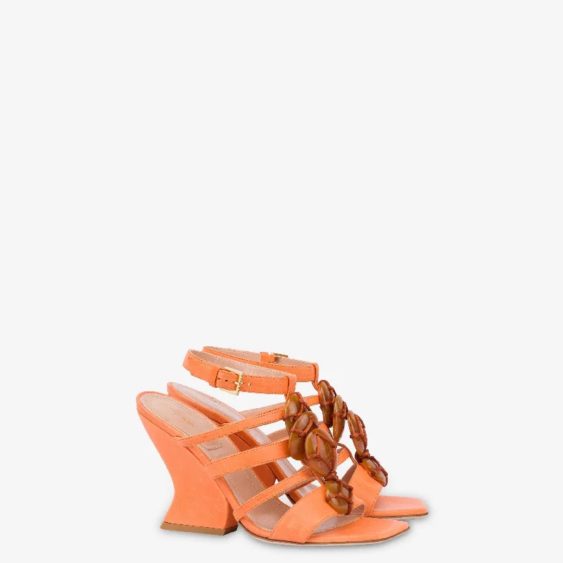 Orange Calfskin Sandals With Summer Feeling Gemstones