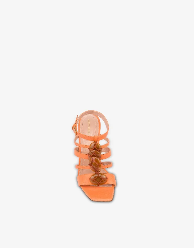 Orange Calfskin Sandals With Summer Feeling Gemstones