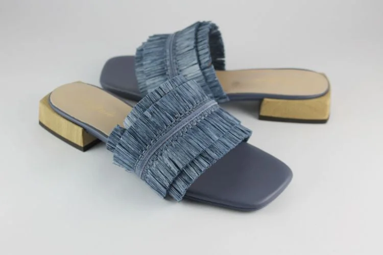 Denim Raffia Flat Mule