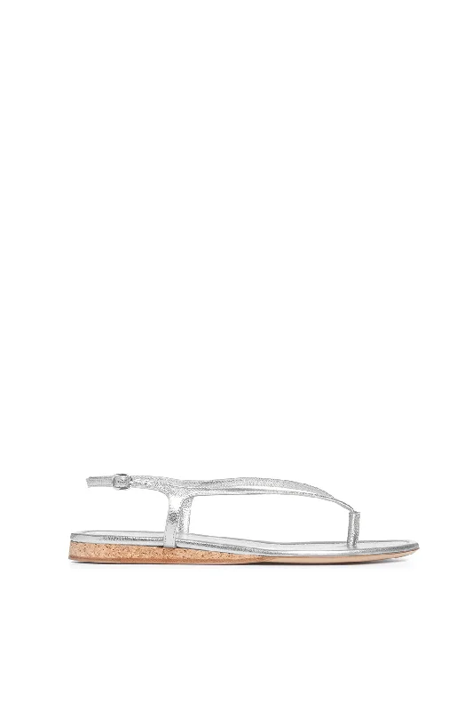 Gia Flat Sandal in Silver Metallic Leather