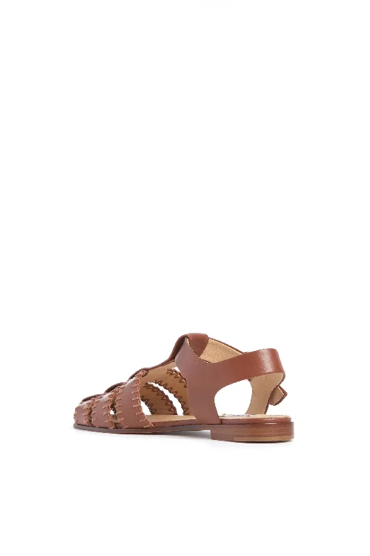 Lynn Flat Sandal in Cognac Nappa Leather with Stitch