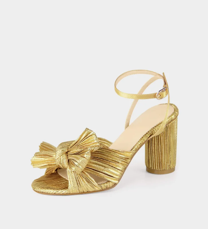 Pleated Bow Block Heel Sandals