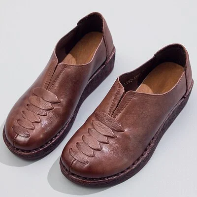 Spring Retro Fashion Ladies Handmade Soft Genuine Leather Flats Loafers