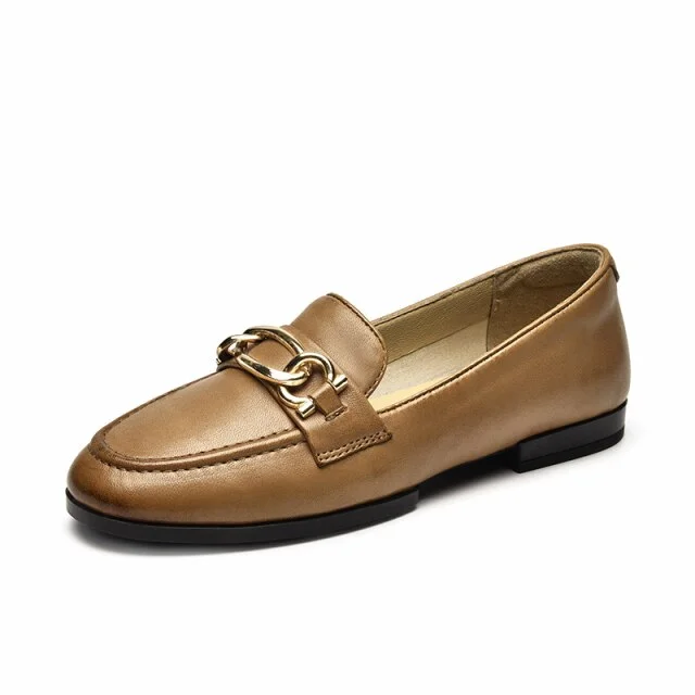 Women's Sheepskin Leather Round Toe Slip-on Metal Decor Sewing Loafers