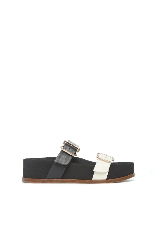 Wren Flat Sandal in Black & Ivory Leather