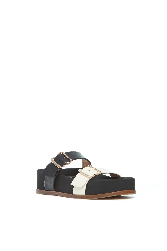 Wren Flat Sandal in Black & Ivory Leather