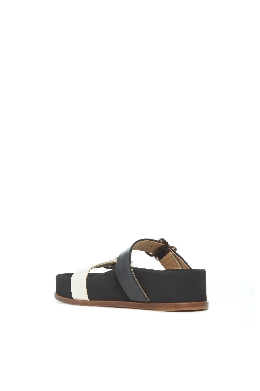 Wren Flat Sandal in Black & Ivory Leather