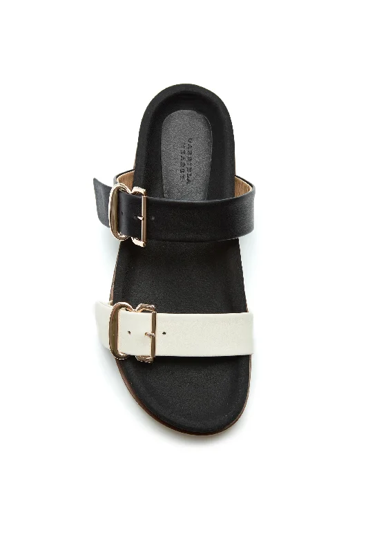 Wren Flat Sandal in Black & Ivory Leather