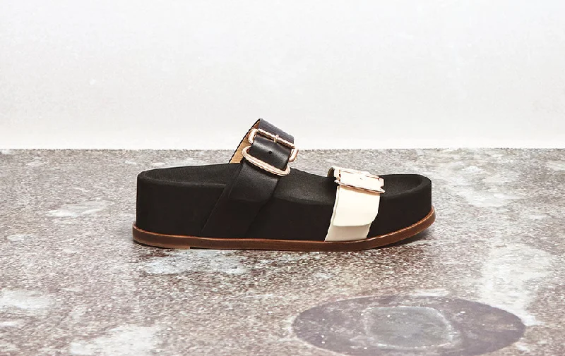 Wren Flat Sandal in Black & Ivory Leather