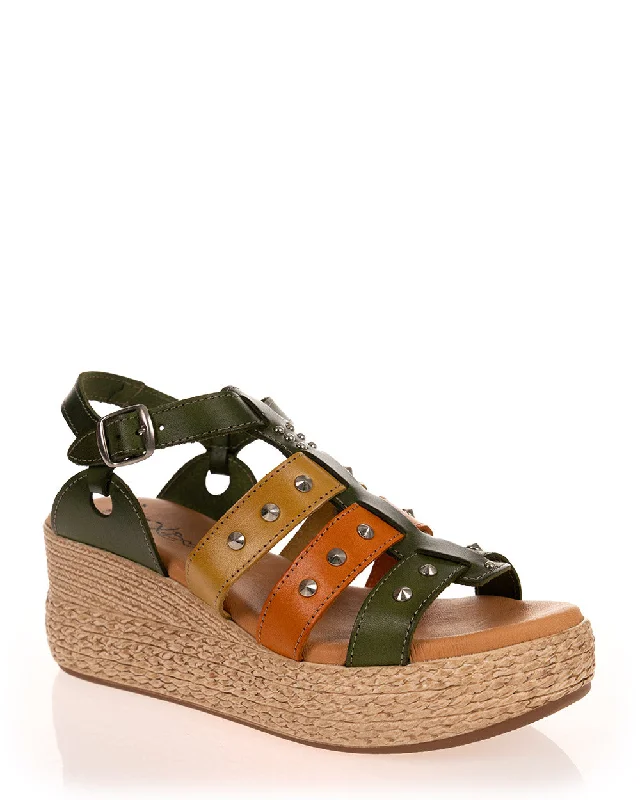 X Bonita 9874 Olive, Lemon & Orange Leather Summer Wedge Sandal