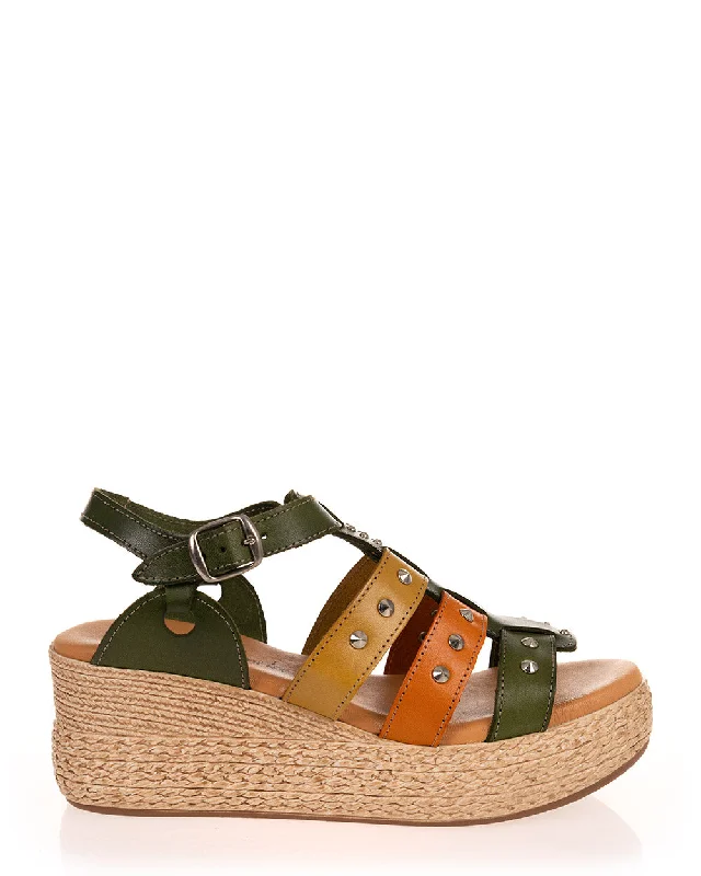 X Bonita 9874 Olive, Lemon & Orange Leather Summer Wedge Sandal