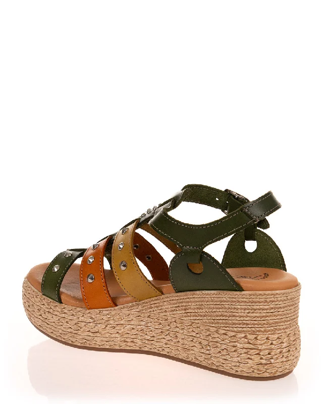 X Bonita 9874 Olive, Lemon & Orange Leather Summer Wedge Sandal