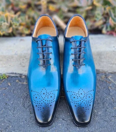 Burnished Calfskin Lace-Up Oxford Ocean Blue