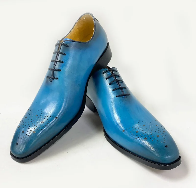 Burnished Calfskin Lace-Up Oxford Ocean Blue