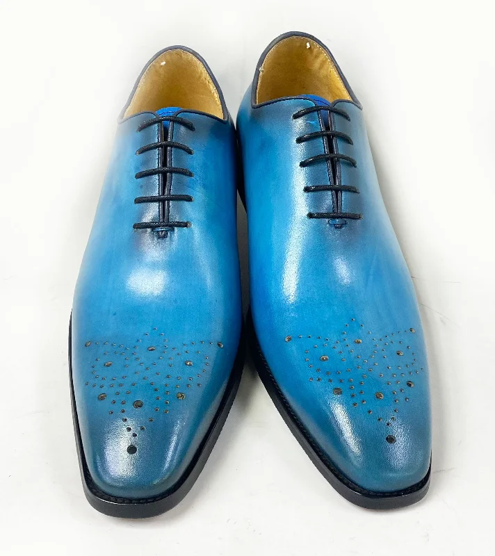 Burnished Calfskin Lace-Up Oxford Ocean Blue