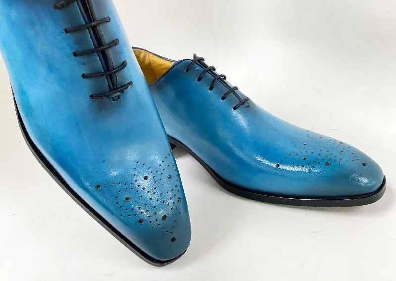 Burnished Calfskin Lace-Up Oxford Ocean Blue