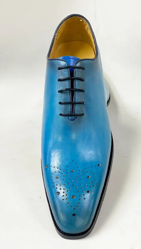 Burnished Calfskin Lace-Up Oxford Ocean Blue