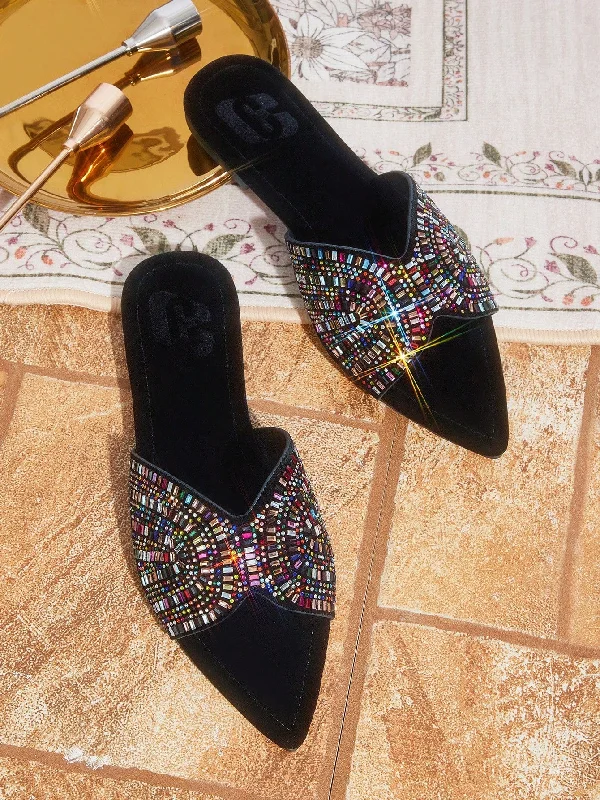 CUCCOO TILAWA New Outdoor Women's Flat Sandals, Black Velvet Slippers With Pointed Toe And Colorful Rhinestone Embellishments, Soft And Comfy Bottoms, Suitable For Casual Gatherings And Daily Commute In Summer