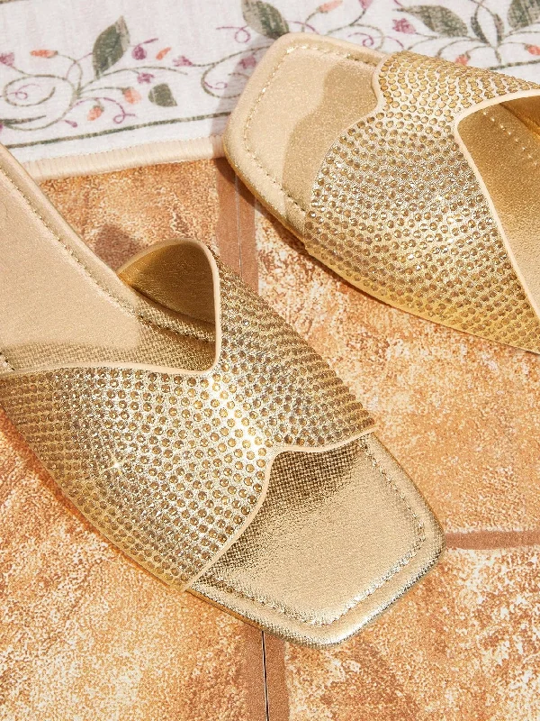 CUCCOO TILAWA New Women's Outdoor Flat Gold Sandals, Square Toe Thick Bottom Rhinestone Flat Slippers, Soft Sole Casual Comfortable Shoes For Parties And Work Commute