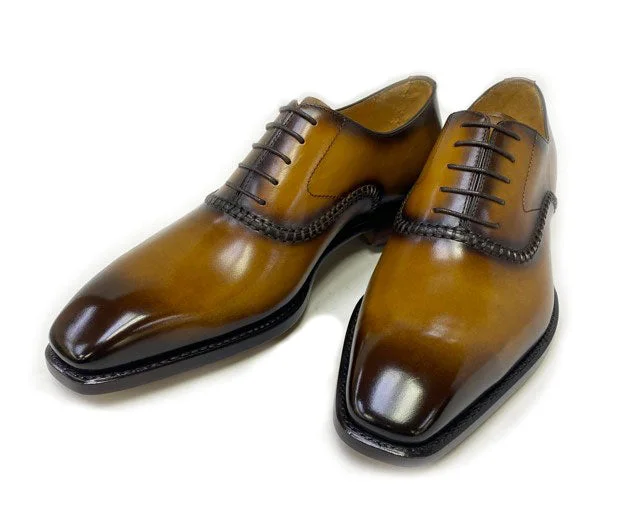 ""Daniel"" Burnished Calfskin Lace-Up Oxford Caramel