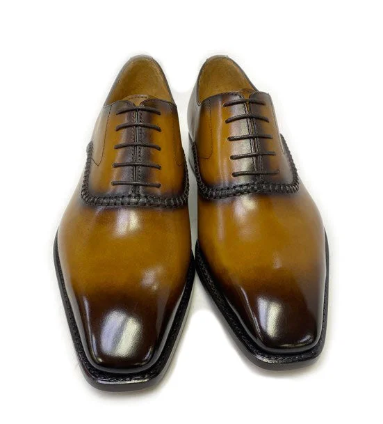 ""Daniel"" Burnished Calfskin Lace-Up Oxford Caramel