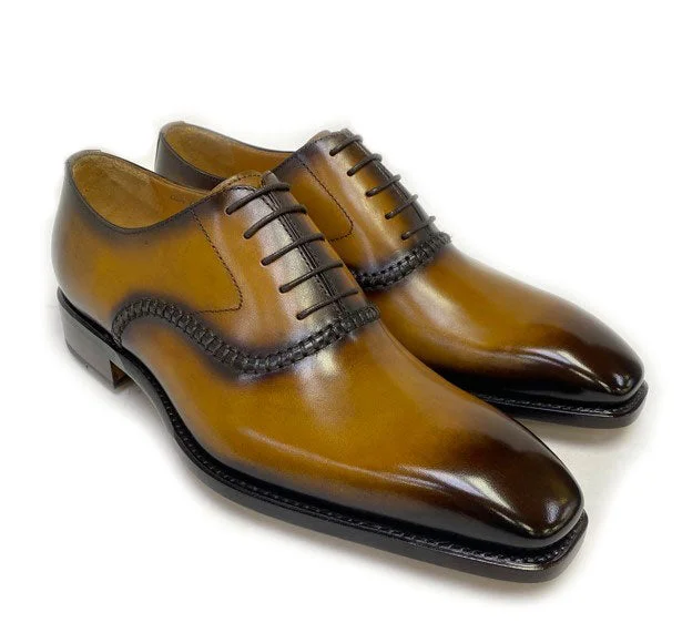 ""Daniel"" Burnished Calfskin Lace-Up Oxford Caramel