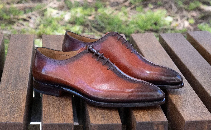 ""Derrick"" Burnished Calfskin Lace-Up Oxford Camel