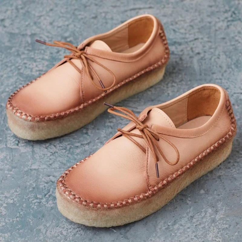 Handmade Soft Leather Lace Up Flats Oxford in Light Brown/Blue