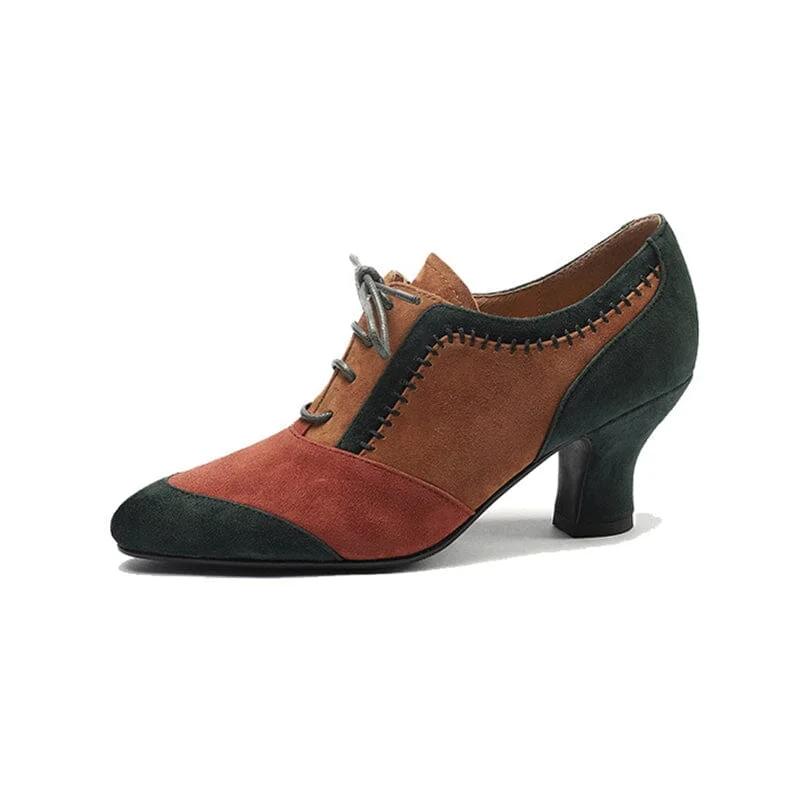 Kitty Heel Suede Leather Oxfords & Tie Shoes For Women Normal Fit in Color Blocking