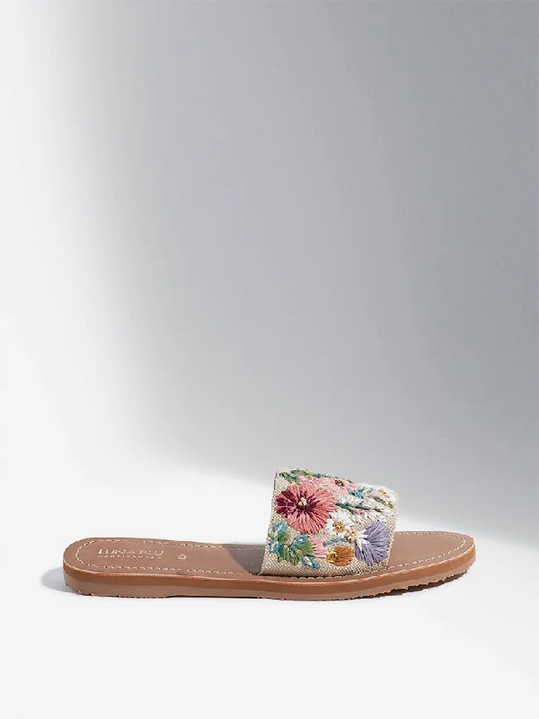 LUNA BLU Beige Floral Embroidered Slides