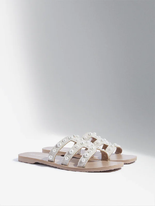 LUNA BLU Beige Pearl Embellished Multi-Strap Slides