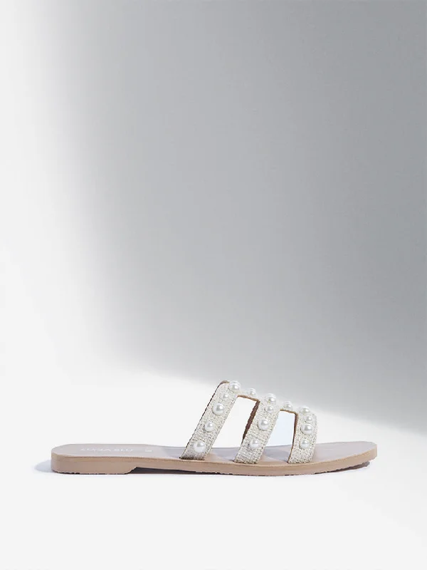 LUNA BLU Beige Pearl Embellished Multi-Strap Slides