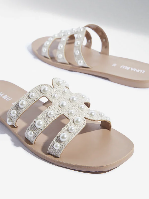 LUNA BLU Beige Pearl Embellished Multi-Strap Slides