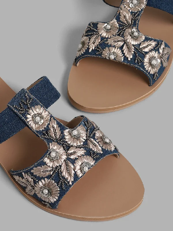 LUNA BLU Blue Embroidered Denim Sandals