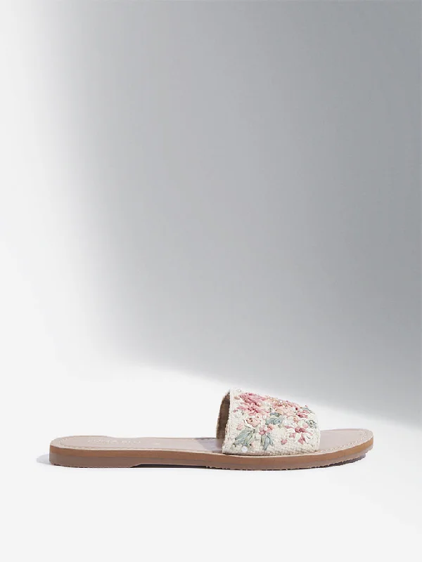 LUNA BLU Blush Pink Floral Embroidered Slides