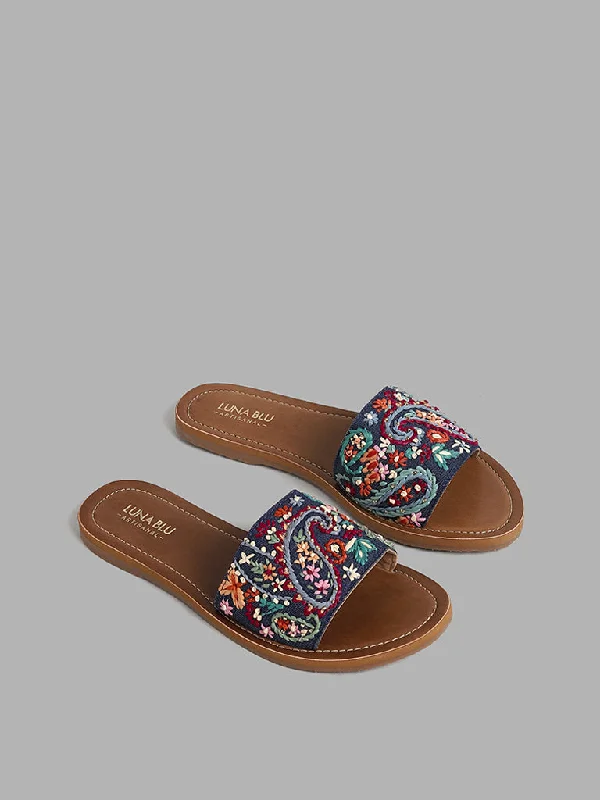 LUNA BLU Denim Multicolor Paisley Embroidered Slides