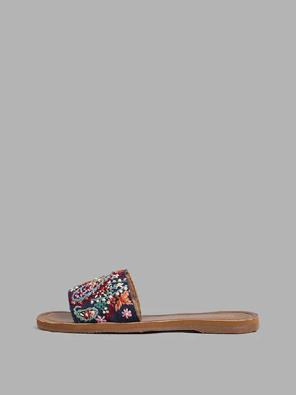 LUNA BLU Denim Multicolor Paisley Embroidered Slides