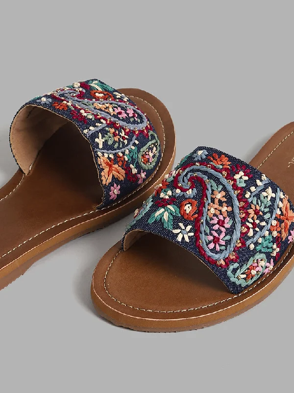 LUNA BLU Denim Multicolor Paisley Embroidered Slides