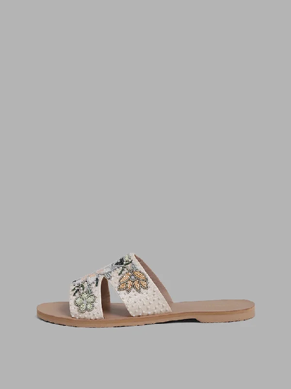 LUNA BLU Ivory Beaded Floral Embroidered Slides