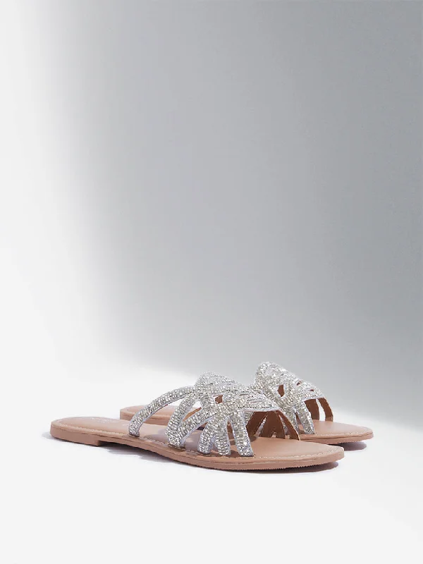 LUNA BLU Silver Embellished Slides