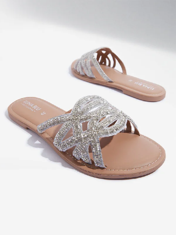 LUNA BLU Silver Embellished Slides