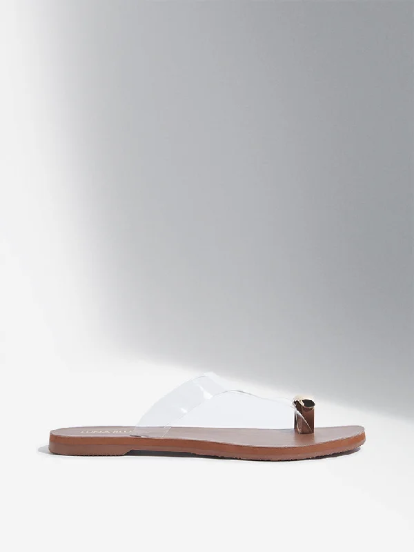 LUNA BLU Tan Vinyl Strap Toe-Ring Slides