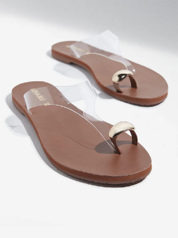 LUNA BLU Tan Vinyl Strap Toe-Ring Slides