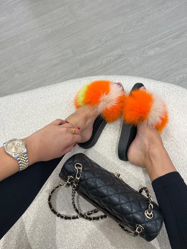 Multi Tone Yellow/Orange/White Luxury Fur Sliders