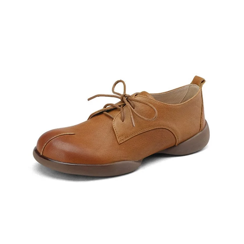 Retro Lace Up Leather Shoes Round Toe Soft Oxford Shoes in Coffee/Brown