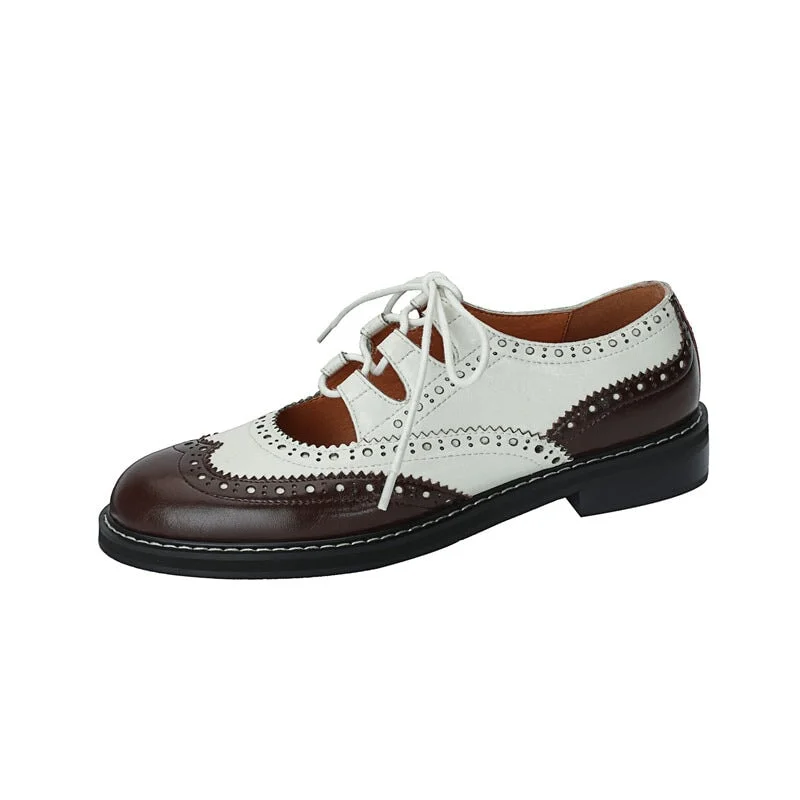 Retro Lace Up Leather Shoes Round Toe Brogue Oxford Shoes in Black/Brown/White