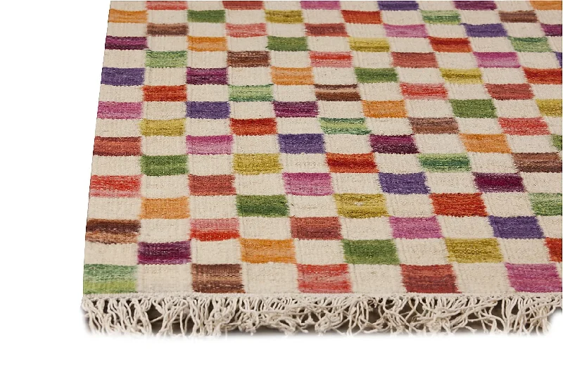 Small Box Collection Hand Woven Wool Area Rug in White and Multi