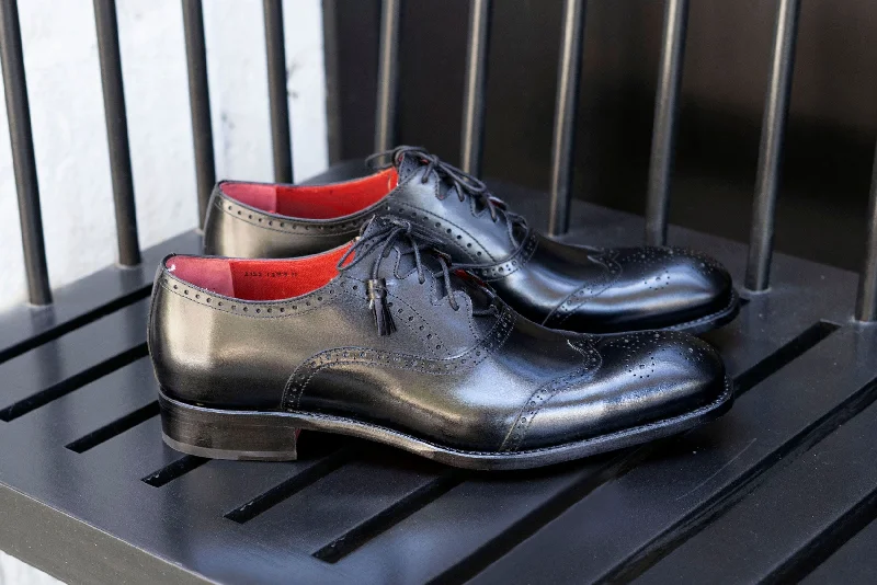 ""Stephen"" Burnished Calfskin Lace-Up Spectator Oxford Black